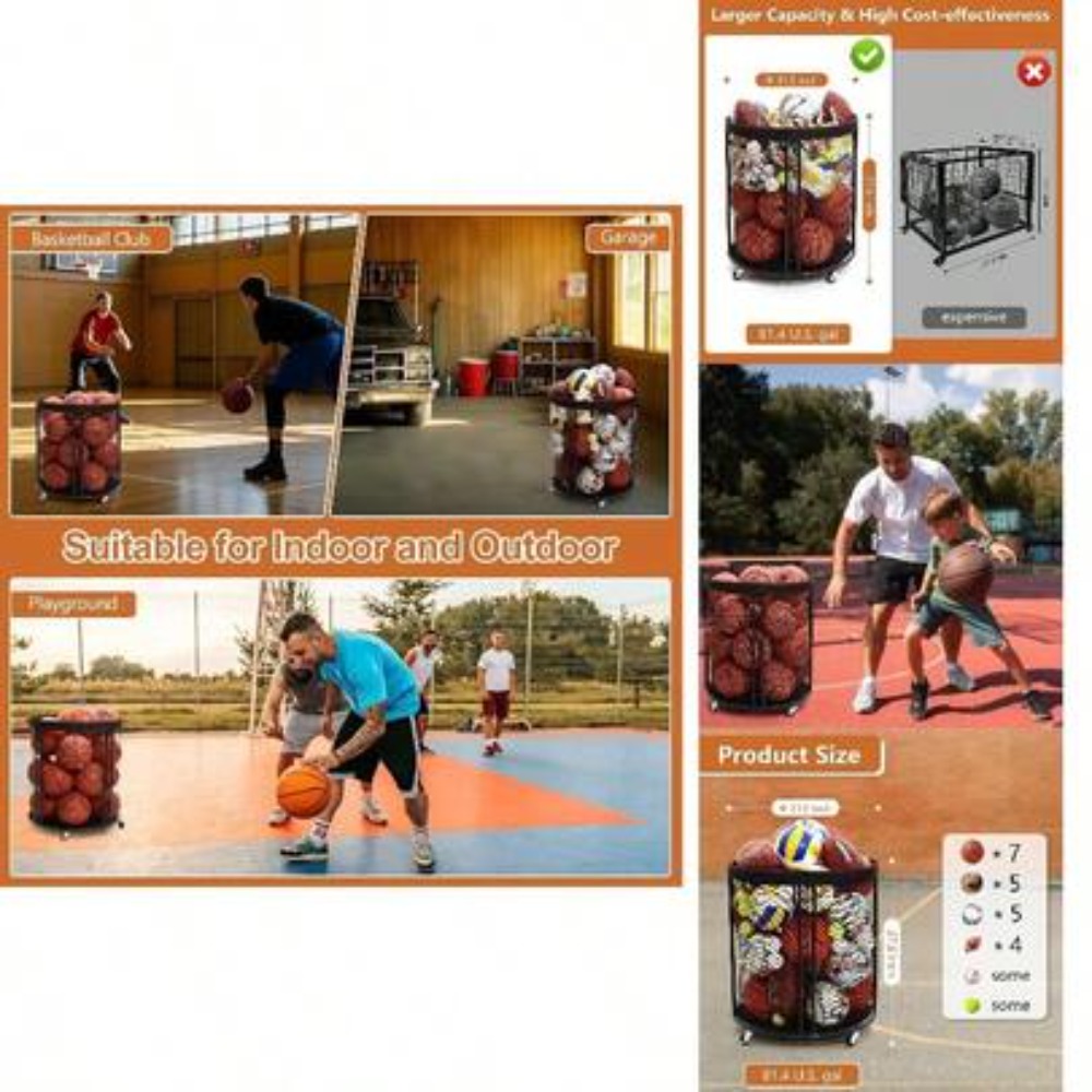 Sports Equipment Gym - 頑丈なボール収納カート（サッカー、バスケットボール、バレーボール、フットボール用）、車輪付きローリングボールホルダーラック（ガレージ、ジム、裏庭用）、ポータブルスポーツ用品オーガナイザー、屋内屋外兼用、ブラック